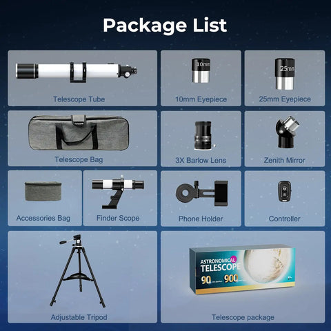 Package list for High Powered 90mm Refractor Telescope For Adults With 900mm Focal Length, 36X To 270X Magnification, Clear Optics.