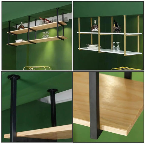 Knockout Heavy Duty Floating Shelf Brackets Built To Hang Big Loads Rust Resistant Steel Ceiling Mount Shelf Supports With All Required Screws Ace Your Kitchen Or Bar Decor Game Today Fast showcasing black and gold floating shelves with wood.