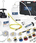 Hydraulic Brake And Clutch Pressure Bleeding System 3L Kit With 11 Master Cylinder Adapters and accessories on display