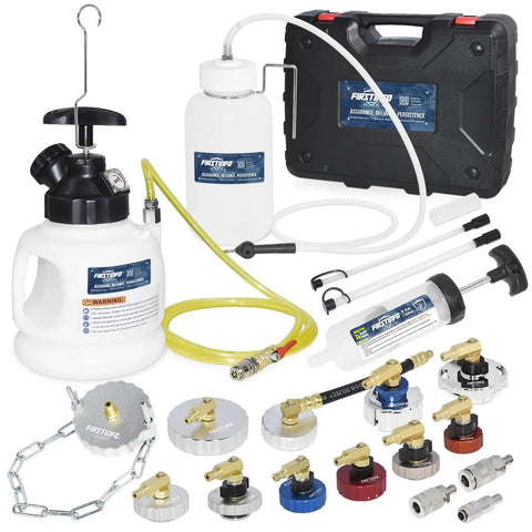 Hydraulic Brake And Clutch Pressure Bleeding System 3L Kit With 11 Master Cylinder Adapters and accessories on display