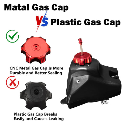 3.5L Dirt Bike Gas Tank With Aluminum Cap, Fuel Filter And Petcock, Features Metal vs Plastic Gas Cap Comparison
