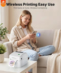 Woman using Wireless Bluetooth 4x6 Shipping Label Printer for iPhone and Android, portable white thermal printer on table
