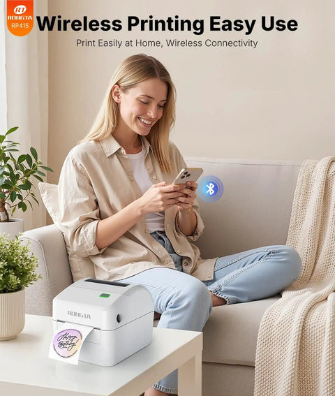 Woman using Wireless Bluetooth 4x6 Shipping Label Printer for iPhone and Android, portable white thermal printer on table