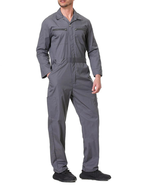 Men's Long Sleeve Navy Poly Cotton Work Coveralls Featuring Action Back And Elastic Waist, Two Way Zipper Front Utility Jumpsuit in gray.