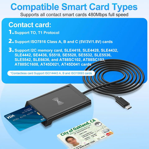 2 In 1 NFC Smart Card Reader With Contact And Contactless CAC Reader showcasing compatible cards with USB C connector