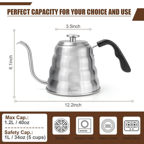 Gooseneck Kettle For Manual Drip Coffee And Tea Barista Grade 40oz Stainless Steel Pour Over Kettle With Thermometer For Stovetop Use 1200ml