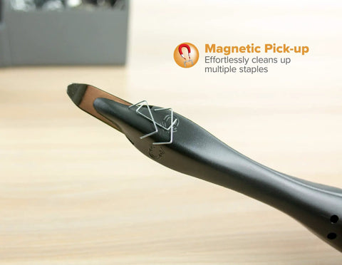 Office Staple Remover With Magnetic Pick Up, Ergonomic Push Style, highlighting magnet pickup with stray staples.