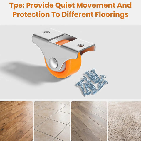 24 Pack 1 Inch Fixed Caster Wheels Buttery Smooth Silent TPR Rubber Replacement Casters featuring a single wheel and screws with different flooring.