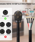 Beefy 4 Prong To 4 Wire Range Cord 10 Ft Heavy Duty 6/8 AWG 50 Amp Power Cable with NEMA 14-50P plug and wire details.