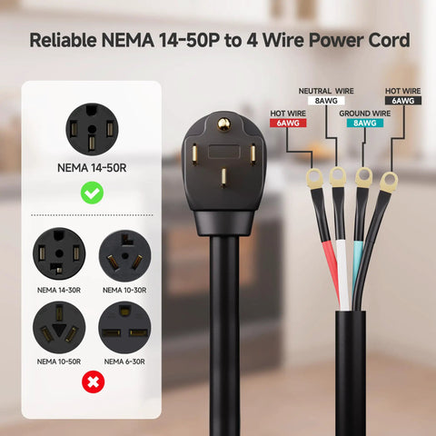 Beefy 4 Prong To 4 Wire Range Cord 10 Ft Heavy Duty 6/8 AWG 50 Amp Power Cable with NEMA 14-50P plug and wire details.