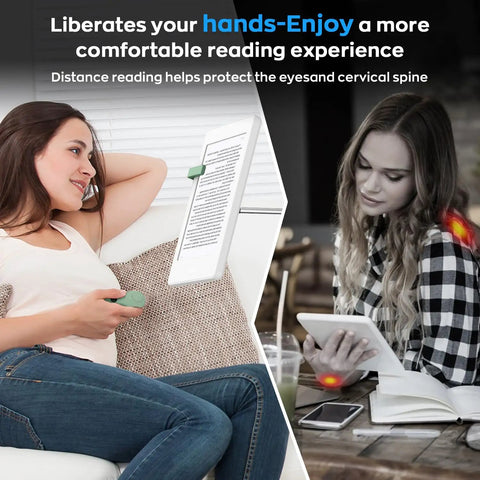 Two women using RF Remote Page Turner Clicker For Kindle Paperwhite Scribe Oasis And Tablets Green Hands Free Reading Accessory