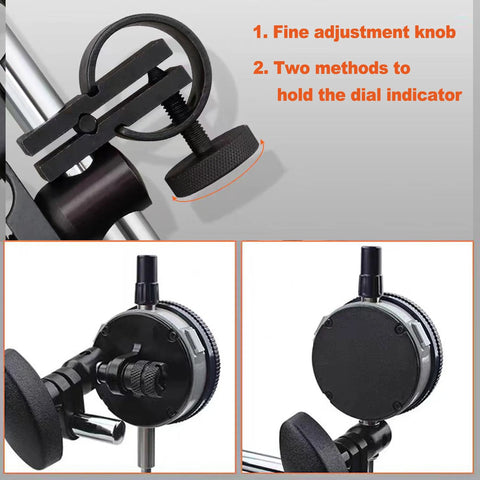 Qnkaa magnetic base dial-indicator holder with long adjustable arm and fine adjustment knob (front/side/close-up views)