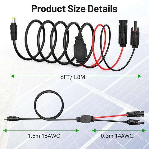 MC4 To DC8mm Adapter Cable, 6Ft Solar Connector To 5.5mmx2.5mm Male Converter with size details, 14AWG/16AWG wiring