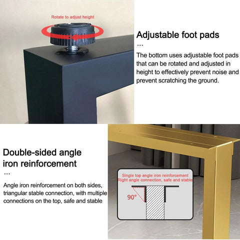 Adjustable foot pads and double-sided angle iron reinforcement of Rock Solid Heavy Duty Industrial Pipe Metal Table Legs Set Of Two Carbon Steel Desk Stands.