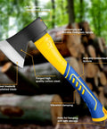 14 Inch Wood Hatchet For Serious Outdoorsmen, Heavy Duty Camp Chopping Axe With Forged Steel Blade, close-up view of handle and blade