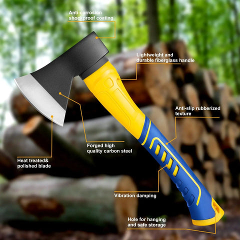 14 Inch Wood Hatchet For Serious Outdoorsmen, Heavy Duty Camp Chopping Axe With Forged Steel Blade, close-up view of handle and blade
