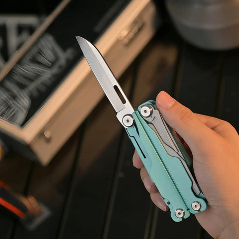 Hand holding 20 In 1 EDC Multi Tool Pliers With Spring Loaded Pliers Head showing straight blade, blue handle visible