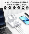 Six Foot Power Strip With Three Outlets And Four USB Ports Including One USB C For Cruise Ship Travel And Home Office Use No Surge Protection ETL Listed White, charging laptop and smartphone