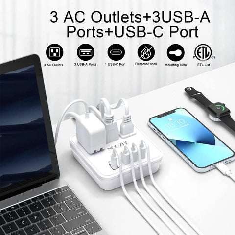 Six Foot Power Strip With Three Outlets And Four USB Ports Including One USB C For Cruise Ship Travel And Home Office Use No Surge Protection ETL Listed White, charging laptop and smartphone