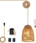 Hand Woven Hemp Rope Pendant Light With 15 Foot Golden Cord And Stepless Dimmer Switch, 8.7" bowl shape for cozy ambiance.