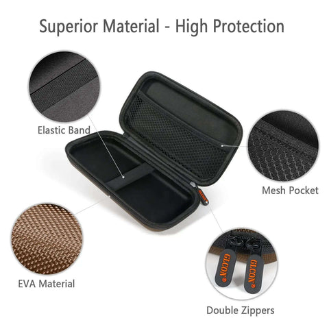 Brown Shockproof Eva Hard Case Travel Cord Organizer Pouch Bag For Universal External Hdd With Drop Safe Armor Shield showing elastic band, mesh pocket, and double zippers.