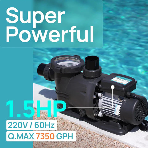 Self Priming Pool Pump With High Flow For Inground And Above Ground Pools One Point Five HP Motor Delivers About Seven Thousand Three Hundred Fifty GPH