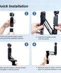 Installation steps for Osmo Pocket 3 Handheld Stabilizer Grip Case and Storage Set for Vlog Creators shown in four stages.