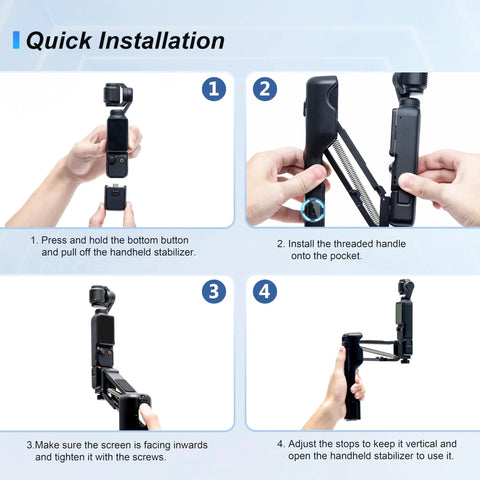 Installation steps for Osmo Pocket 3 Handheld Stabilizer Grip Case and Storage Set for Vlog Creators shown in four stages.