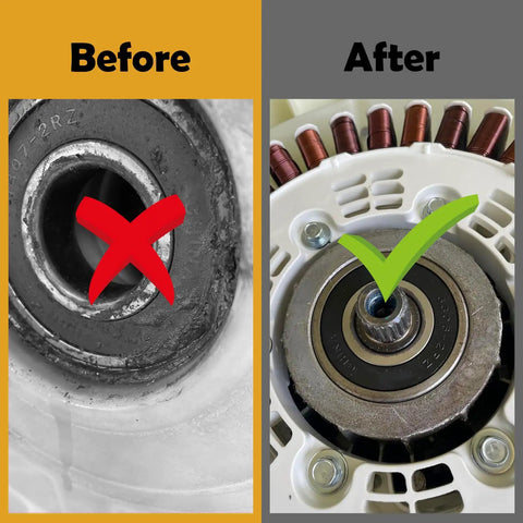 Before and after comparison of Heavy Duty Washer Tub Seal and Bearing Kit compatible with Samsung machines. Shows old bearing versus new.