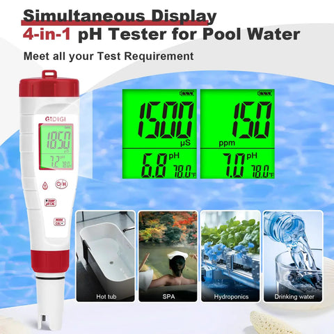 4 In 1 Digital Water Tester With Backlit Display For pH TDS EC And Temperature Ideal For Drinking Water Hydroponics Pools And Home Use No Fuss Quick Reads And Easy To Read displayed with water samples and test results