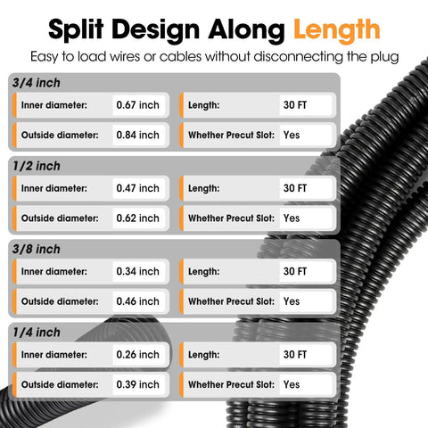 Split Wire Loom Kit 1/4 To 3/4 Inch, 30 Ft Black Flexible Conduit Tubing for wires, showing sizes and features chart.