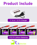 Beefy 900mAh 3.7V JST Battery For RC Drones and Charger Set, includes 4 lithium batteries and 6-in-1 charger