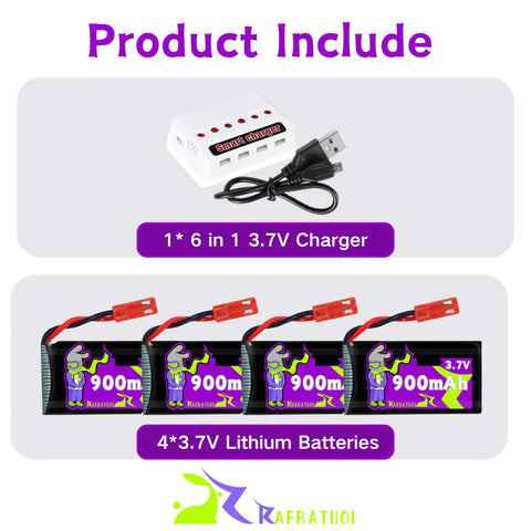 Beefy 900mAh 3.7V JST Battery For RC Drones and Charger Set, includes 4 lithium batteries and 6-in-1 charger