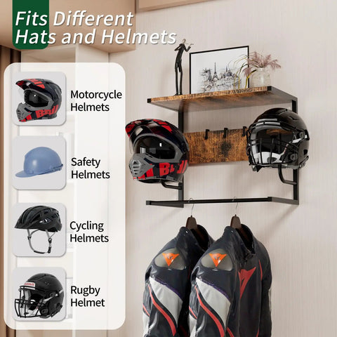 Wall Mounted Motorcycle Helmet Rack With Four Hooks And Glove Clips, Rustic Industrial Gear Holder, helmets hung on rack