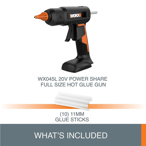 20V Cordless Full Size Hot Glue Gun With 382°F High Heat, 3-Minute Preheat, Tool Only, with 10 included glue sticks.
