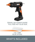 Cordless Full Size Hot Glue Gun With 20V Power Share Battery And Charger, High Heat Up To 382 Degrees, with 10 glue sticks shown