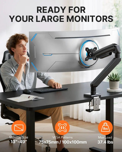 Built Tough Heavy Duty Monitor Arm For 13 To 49 Inch Ultrawide Screens With Full Motion Desk Mount, showcasing stability and sleek design.