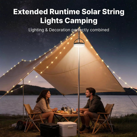 Camping scene with Solar Camping String Lights With Built In 5400mAh Power Bank USB Charger For Phone Outdoors Indoor 50 Ft