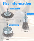 Ten Pack Carbon Steel Wire Wheel Cup Brush And Pen Brush Set With One Quarter Inch Hex Shank For Rust Removal Corrosion And Surface Scrubbing Garage Ready Heavy Duty, size information diagram