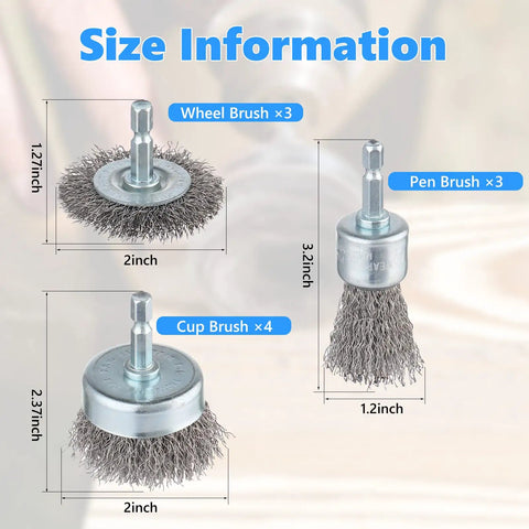 Ten Pack Carbon Steel Wire Wheel Cup Brush And Pen Brush Set With One Quarter Inch Hex Shank For Rust Removal Corrosion And Surface Scrubbing Garage Ready Heavy Duty, size information diagram