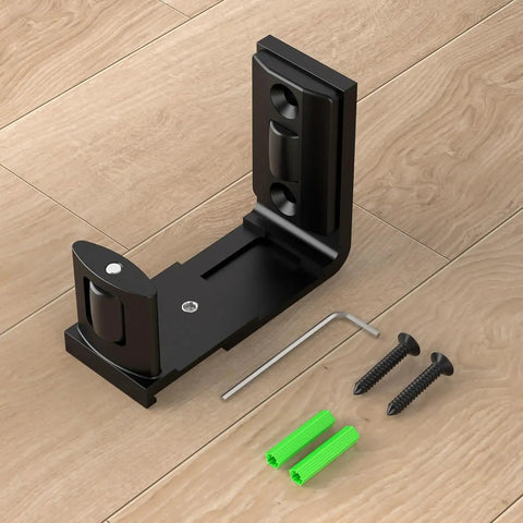 Adjustable Sliding Barn Door Floor Guide With Smooth Glide Rollers For No Sweat Wall Mounted Setup In Black Bulletproof Heavy Duty Aluminum Hardware Kit, includes metal guide and installation screws.