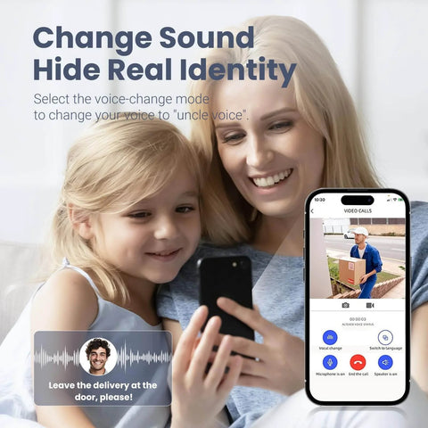 Mother and child interacting with Wireless Wi-Fi Video Doorbell Camera With Two-Way Audio on smartphone app.