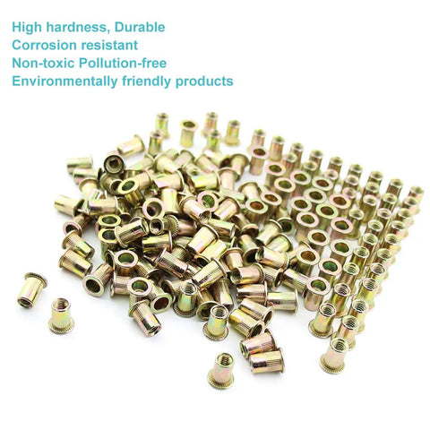100 Pc 1/4"-20 Unc Rivet Nuts Carbon Steel Zinc Plated Flat Head Knurled Body Threaded Inserts, pile of threaded inserts.