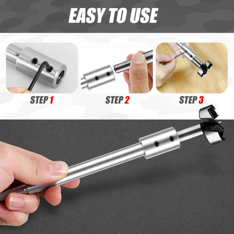 2 Piece Forstner Bit Extension Kit With Slick 3/8 Inch Shank Grip, demonstrating easy installation steps for woodworking.