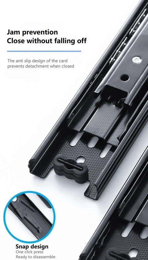Close-up of Two Pack 5 Inch Black Steel Side Mount Ball Bearing Soft Close Drawer Slides with Full Extension Quiet Operation
