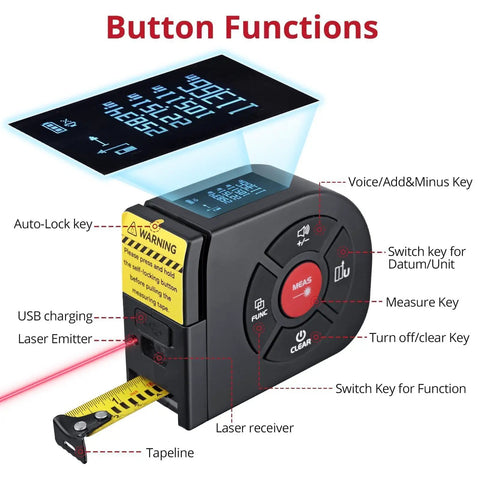 2 In 1 Laser Tape Measure With 164 Ft Laser Range And 16.5 Ft Digital Tape Measure, Ultra Accurate To 2 Mm, Easy Switch Between Long Range And Short Measurements For Framing, DIY Projects, And Quick Layouts. Black laser tape measure with digital display and retractable tape