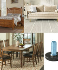 Kick the Wobble For Good Universal Adjustable Furniture Levelers next to furniture and dining set images, showcasing design and use.