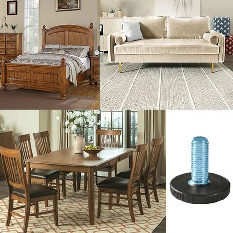 Kick the Wobble For Good Universal Adjustable Furniture Levelers next to furniture and dining set images, showcasing design and use.