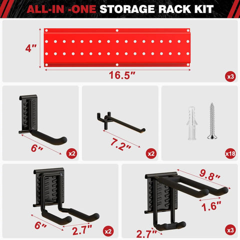 Garage Tool Organizer Wall Mount 49 Point 5 Inch Heavy Duty Rack Kit with hooks, screws, and storage features visible.
