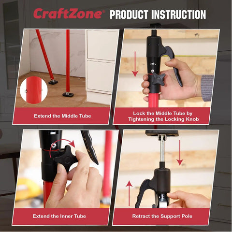 Heavy Duty Cabinet Jacks Support Poles, 4 Pack Telescopic Drywall Lift Assist Tools, adjustable setup instructions and adjustments.